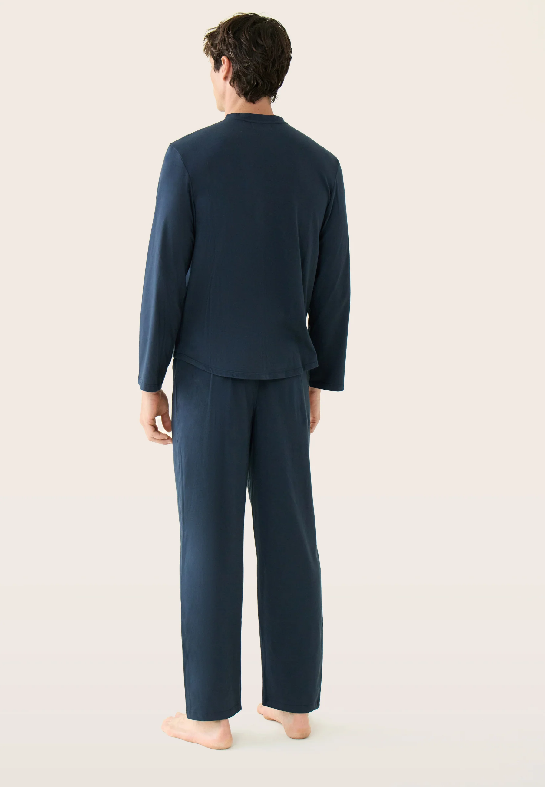Ensemble pyjama haut et pantalon bleu marine en coton - Pyjama Hugo Haut Manches Longues Et Bas Long Uni Marine - Image 3