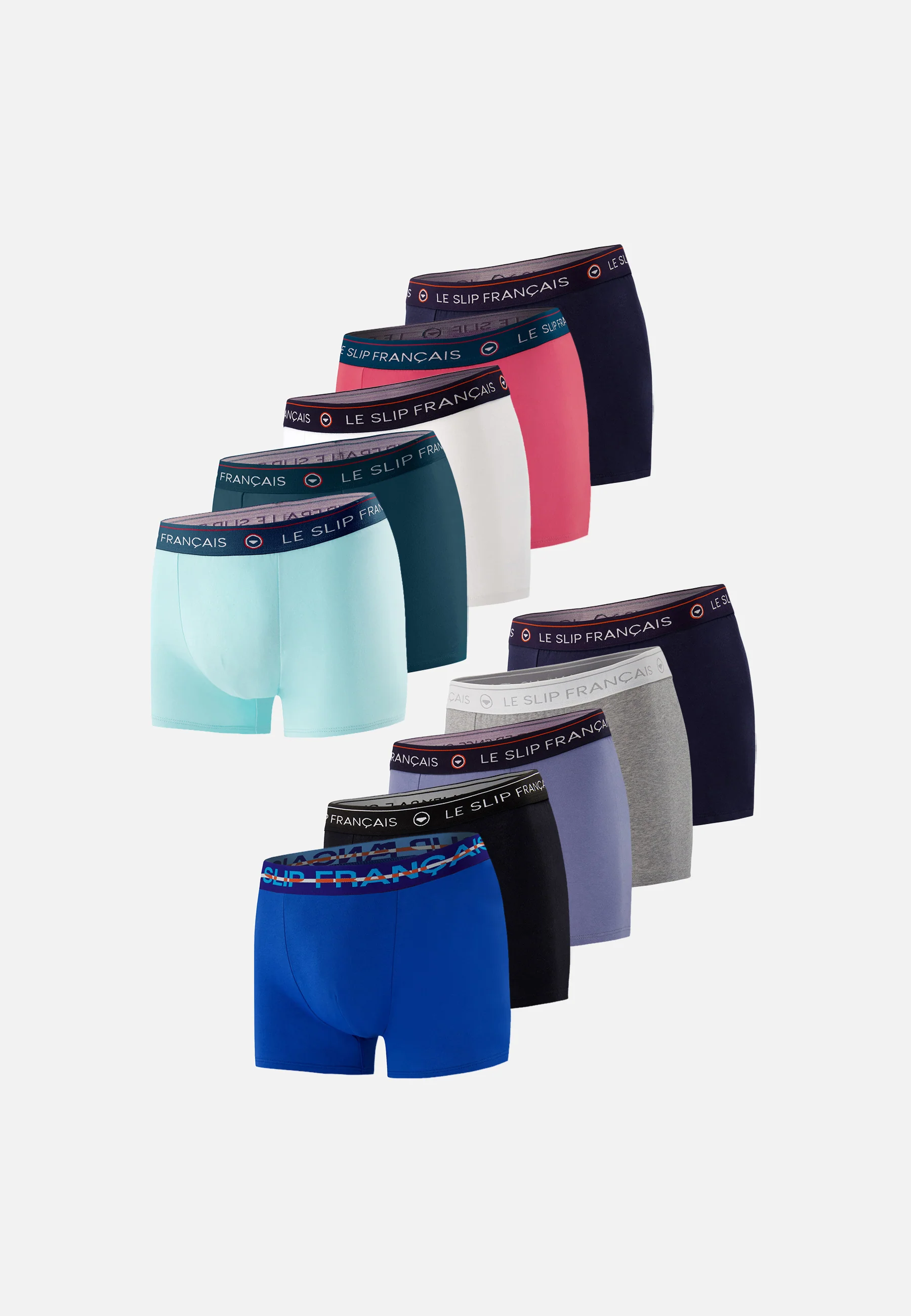 Lot de 10 boxers en coton - Boxers Marine Blanc Canard Vert D'Eau Gris Chiné Rose Noir Bleu Jean Marine