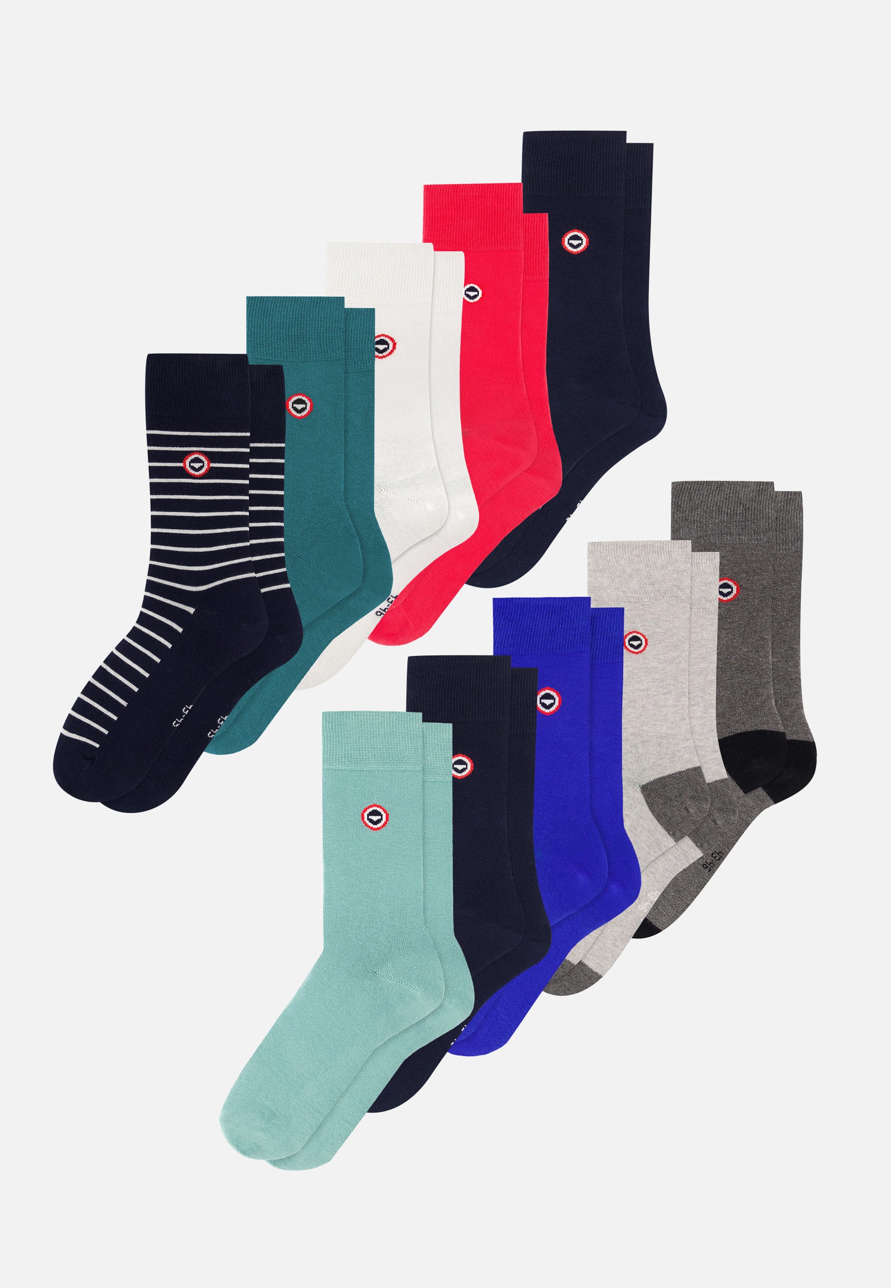 Lot de 10 chaussettes mi-hautes - Chaussettes Marine, Rose Cerise, Bleu Canard, Blanc, Vert Azur, Bleu Nautique, Marine Rayures Blanches, Gris Anthracite et Gris Clair