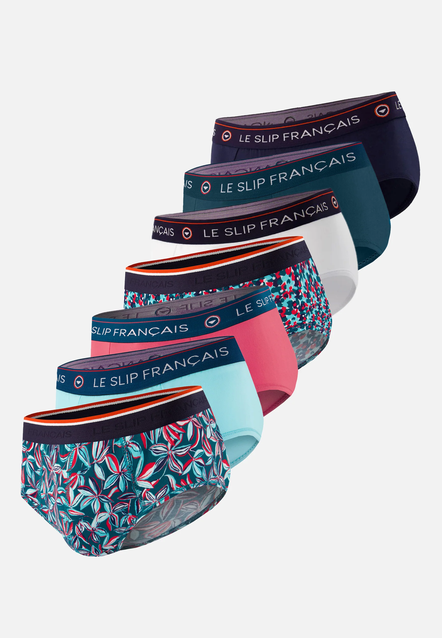 Lot de 7 slips en coton - Slips Marine Blanc Bleu Canard Jasmin Vert D'Eau Confetti Rose Cerise